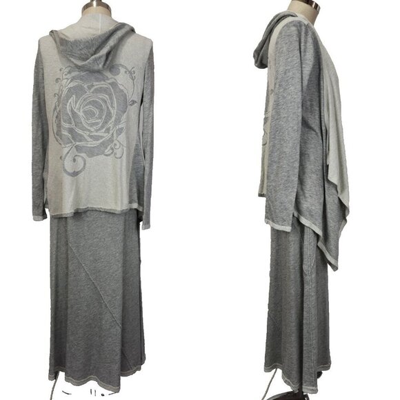 Coin 1804 French Terry Skirt Cardigan T-Shirt‎ 3 Piece Set L Grey Rose Graphic - Picture 2 of 12